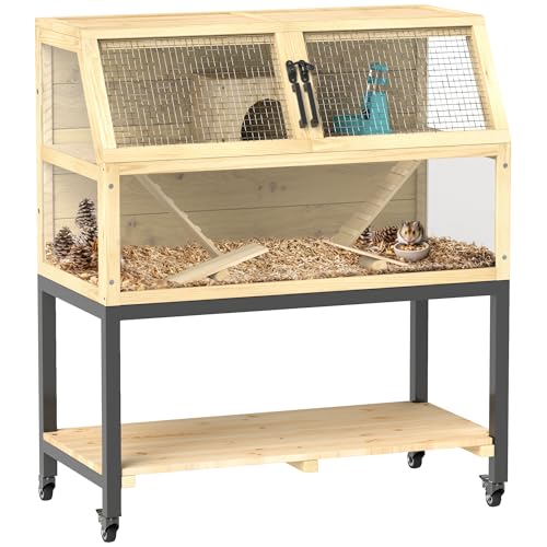 PawHut Hamsterkäfig aus Holz, Nagerkäfig mit Ablagefläche, Wasserflasche, Hütte, Wippen, Kleintierkäfig mit Rädern, Rampen, für Zwerghamster Naturholz 87 x 43 x 101 cm