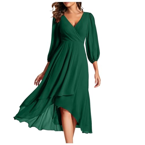 2025 Damen-Chiffon-Frühlingskleid mit V-Ausschnitt Langen Ärmeln, plissiert, A-Linie, Midi-Länge, für Hochzeitsgäste Hoodie Kleid Damen (Green, XXL)