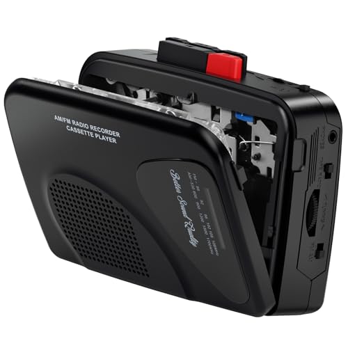 Kassettenspieler/Recorder, AM/FM-Radio,Walkmaner Tragbarer Kassettenspieler, Aufnahme auf Kassette, Eingebaute Lautsprecher, Manuelle Aufnahme, T201(Schwarz)