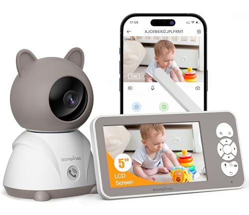 kompinac Babyphone mit Kamera und App 2K/3MP - 5 Zoll WLAN Baby Monitor PTZ 360° IR Nachtsicht 2-Wege-Audio, Automatische Verfolgung, Weinen/Bewegungs/Geräusch-Erkennung Temperaturüberwachun