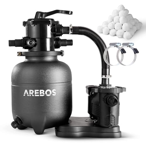 Arebos Sandfilteranlage mit Pumpe inkl. 600g Filterbälle | 350W | 9500 L/h | Tankvolumen bis zu 20 kg Sand | 7 - Wege Ventil mit Griff | mit Druckmanometer | Poolfilter | Schwarz
