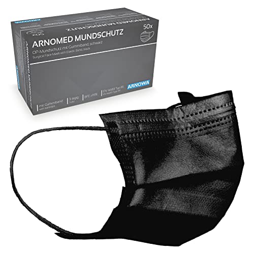 ARNOMED 50x Medizinische Mundschutzmaske Schwarz, CE Zertifizierte Op Maske, Medical Face Mask, Schutzmaske Mund & Nase, Einwegmasken, Chirugischer Mundschutz, Klinische Gesichtsmasken