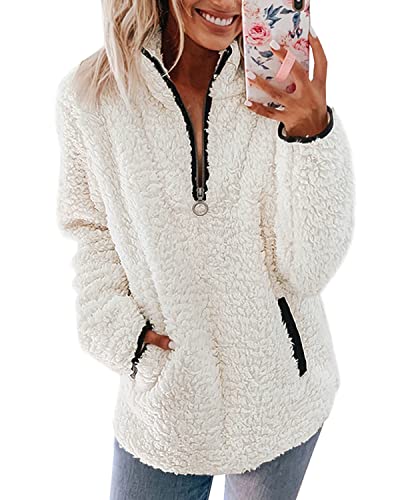 Pullover Damen Fleecepullover Teddyjacke Teddy Flauschiger Teddyfleece Jacke Kuschelpullover Winterjacke Fleecejacke Plüschjacke Kuscheljacke Kapuzenpullover Winter Mit Taschen Top (A Weiß, M)