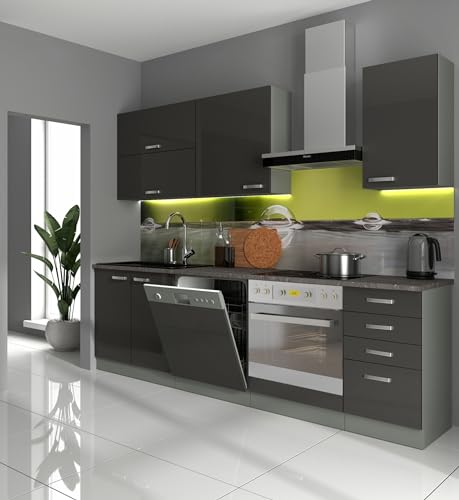 Küche Bianca Basic II 240 Küchenzeile Glanz Grau Küchenblock Einbauküche Grey