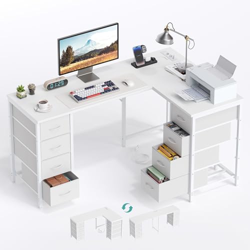 YOUDENOVA Eckschreibtisch,150×100 cm Schreibtisch mit schubladen,Schreibtisch L Form mit Steckdose und USB-Ladeanschluss,Schreibtisch mit stauraum weiß