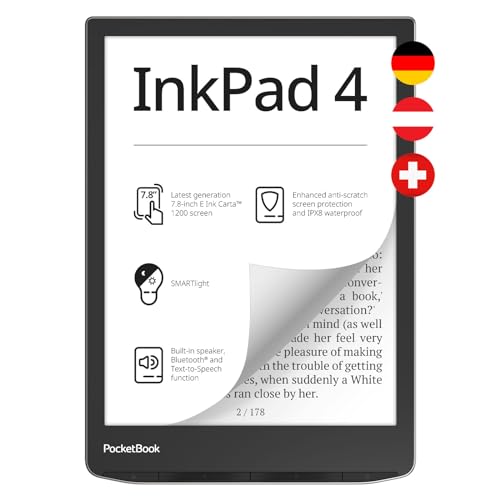 PocketBook InkPad 4 E-Reader, 7,8'' E-Ink Touch, 32 GB, Bluetooth, wasserdicht, Silber - DE/at/CH-Version