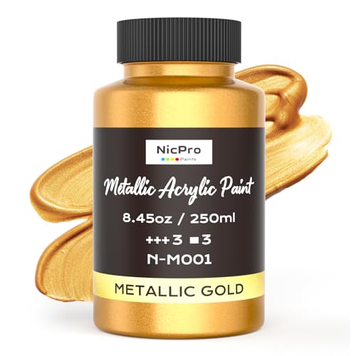 Nicpro Acrylfarben Gold Metallic, 250 ml große Blattgoldfarbe, ungiftig Acrylfarbe, lichtecht, Bastelfarbe für Metall, Holz, Ton, Stoff, Leinwand, Möbel, Kunsthandwerk und Künstlerbedarf