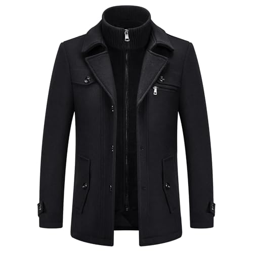 KUDORO Herren Wintermantel Wolle Kurzmantel Herren Wollmantel Mittellang Peacoat Herren Casual Slim Fit für Business Freizeit(Schwarz2,L)