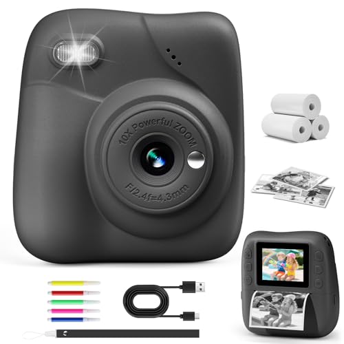 CAMCLID Kinderkamera Sofortbildkamera, 1080P Sofortbildkamera Kinder mit 32GB Karte & 3 Rollen Druckpapier, 48MP Digitalkamera Kinder Kamera, Geschenk für Jungen und Mädchen 3-12 Jahre (Schwarz)