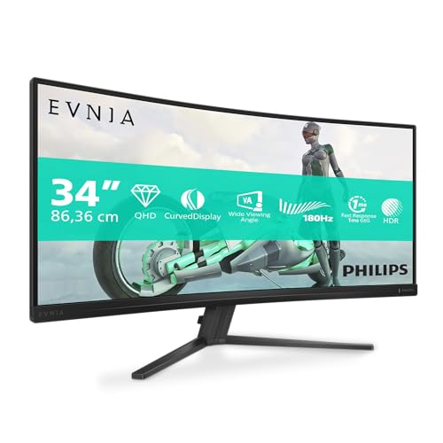 Philips 34M2C3500L 34 Zoll UW-QHD-Monitor, Curved, 180 Hz, schnelles VA-Panel, 0.5 ms MPRT, Adaptive Sync, HDR10, FreeSync Premium, (3440 x 1440, 2 x HDMI 2.0, DP 1.4), Dunkel grau