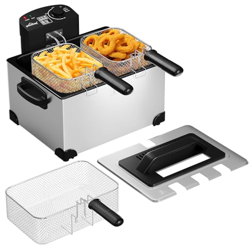 Friteuse, 5 Liter Friteuse mit Fett Kaltzone, 2000Wöl Fritteuse, Temperaturregler, Stufenloser Temperaturregler Bis 190°C, Edelstah XLFritteuse mit 3 Frittierkorb, Deep Fryer Für Familien 6-7 Personen