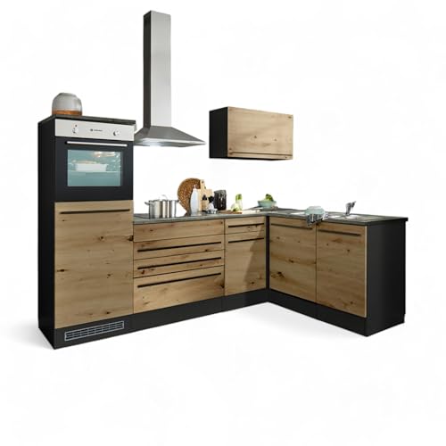 Stella Trading Jazz 6 Moderne Eckküche mit Elektrogeräten in Anthrazit, Artisan Eiche Optik - Geräumige Küchenzeile in L-Form mit viel Stauraum - 260 x 200 x 60 cm (B/H/T), Grau