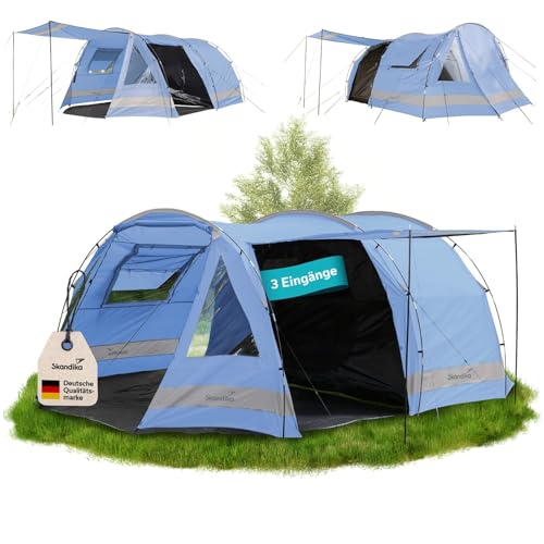 Skandika Kambo Tunnelzelt für 4 Personen | Zelt mit Schlafkabine für 4 Mann, Wasserdicht mit 3000 Wassersäule, 3 Eingänge, Sonnendach, Vorzelt | Campingzelt in blau