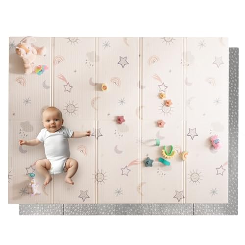 Nuby – Gepolsterte, faltbare und wendbare Spielmatte für Babys – Leichte und weiche Bodenmatte zum Spielen – Kinderteppich mit Sternen- und Himmelsmotiv – Gepolsterter Boden für Babys – 150 x 200 cm