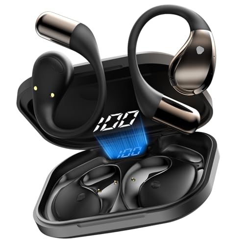 Open Ear Kopfhörer Bluetooth 6.0 mit HD Mic, 2025 Kopfhörer Kabellos Bluetooth HiFi Stereo mit Ohrhaken, 40H Spielzeit, Bluetooth Kopfhörer mit LED-Anzeige, IP7 Wasserdicht Ohrhörer für Sport, Schwarz