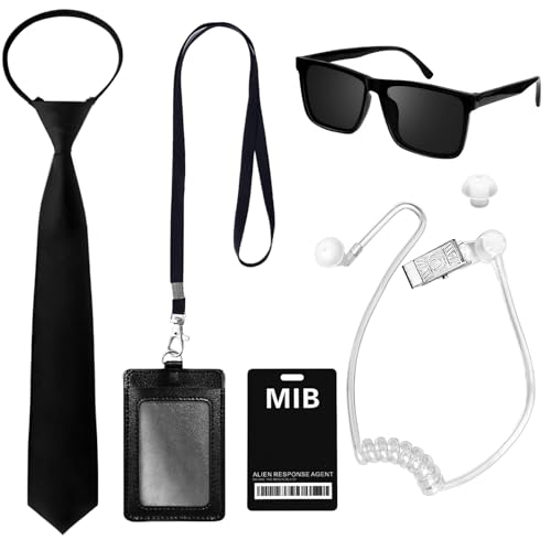 GLEEMEN Agent Kostüm Zubehör, Geheimdienst Kostüm Set, Spion Kostüm Zubehör mit schwarzer Sonnenbrille Zip Krawatte Hörer ID Karte und Kartenhalter, Wachmann Cosplay Costume für Männer Frauen