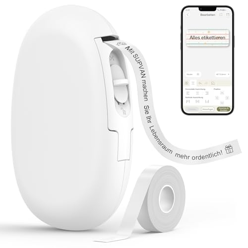 SUPVAN E10 Etikettendrucker mit wasserdichte Etiketten selbstklebend (15 mm x 6 m), tragbares Etikettiergerät Bluetooth geeignet für das Home-School-Büro, weiß
