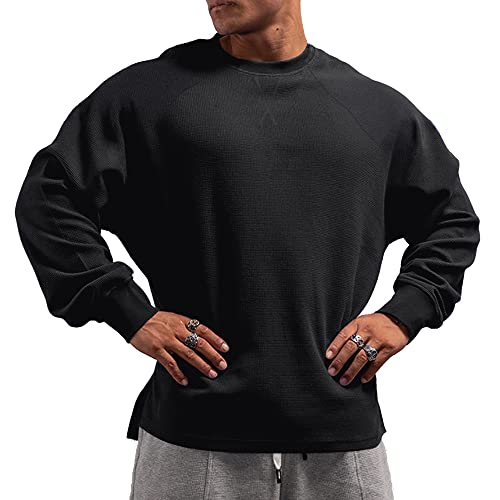 Muscle Alive Herren Basic Langarmshirts Waffel Sweatshirt Lockere Trainieren Zur Seite Fahren Rundhalsausschnitt Shirt Schwarz XL