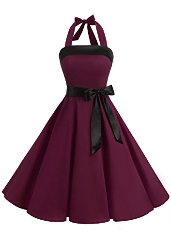 Timormode Damen Vintage Cocktailkleid Knielang Neckholder Swing Retro Rockabilly Kleid S Burgundy