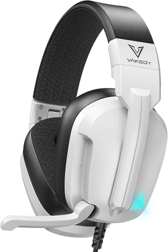 Vakedy Gaming Headset für PS4,PS5,PC,Xbox,Switch,Gaming Kopfhörer mit Mikrofon,High-Definition Kopfhörer mit Geräuschunterdrückung und 3,5 mm Buchse Inline-Bedienelementen - Schwarz/Weiß