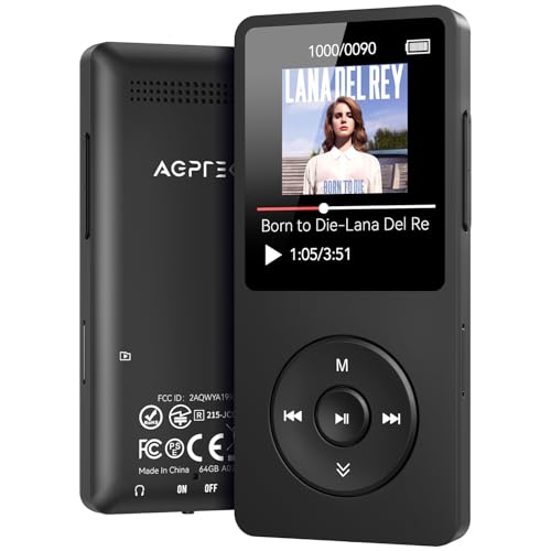 AGPTEK 64GB MP3 Player Bluetooth 5.3, Tragbarer Player mit Lautsprecher, 40 Stunden Akkulaufzeit Musikplayer mit 1,8 Zoll Bildschirm, UKW-Radio, TF-Karte bis zu 128GB, Schwarz