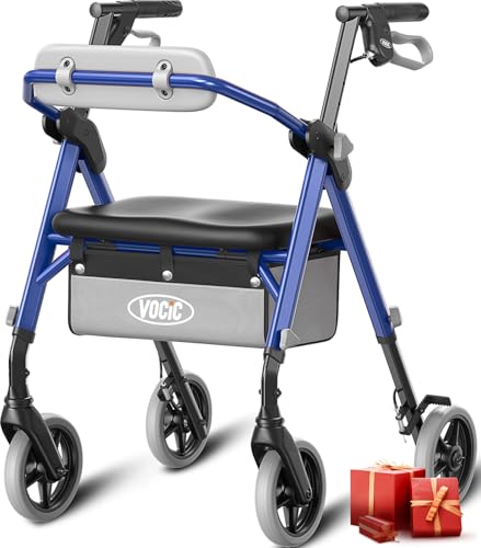 VOCIC Z11 Rollator faltbar und leicht mit Sitz, Max 172kg, Rollator schmal für wohnung, Rollatoren leicht klappbar für Senioren, Ergonomischer Sitz, höhenverstellbar, Meeresblau, 5 Jahre Support