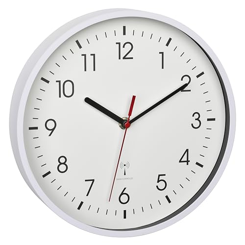 TFA Dostmann Analoge Funk-Wanduhr, 60.3550.02, höchste Genauigkeit, modern, analog, Glasabdeckung, für Büro, zu Hause, Geschenk, 245 x 245 x 42 mm, Weiss