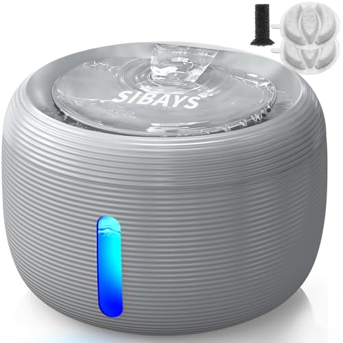SIBAYS Trinkbrunnen für Katze - 3.5L Katzenbrunnen mit 25dB Ultraleise Pumpe & LED-Fenster - Trinkbrunnen für Hunde mit 2 Aktivkohlefilter, BPA-frei Katzentrinkbrunnen, Tiefenfilterung, FS77 (GY)