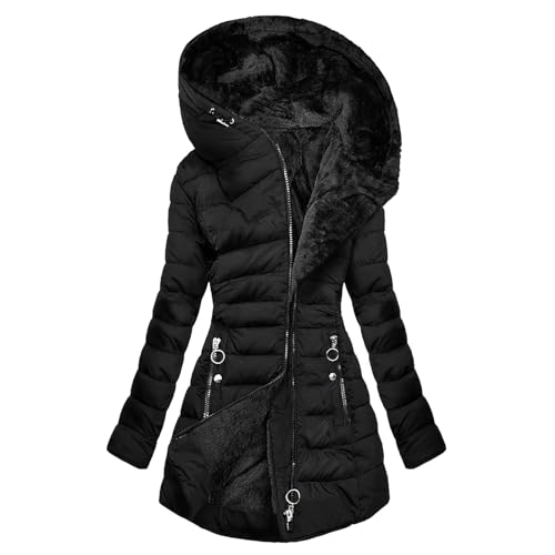 Wintermantel Damen Warm Gefüttert Steppjacke Lange Elegant Damenmantel Langarm Winter Parka Jacke mit Kapuze Winterparka Mantel Einfarbig Bequemes Sportjacke Winddicht Outdoorjacke, Schwarz S