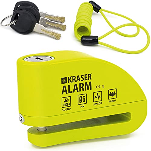 KRASER KR6Y Bremsscheibenschloss mit Alarm 110 dB, Verstärkt, 3 Schlüssel (2 Ersatz) Hochsicherheits Motorrad Schloss, Wasserdicht,1.5m Rückrufkabel, Tasche, Universal Motorradschloss, Fahrradschloss