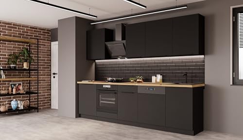 Küche Siena Basic 280 cm Küchenzeile Küchenblock Einbauküche Schwarz matt