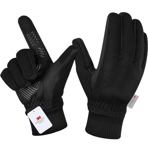 MOREOK Winterhandschuhe Herren Damen -10°F 3M Thinsulate rutschfest Fahrradhandschuhe Sporthandschuhe,Touchscreen Warme Skihandschuhe für Wandern Laufen Motorrad Skifahren-Schwarz-L