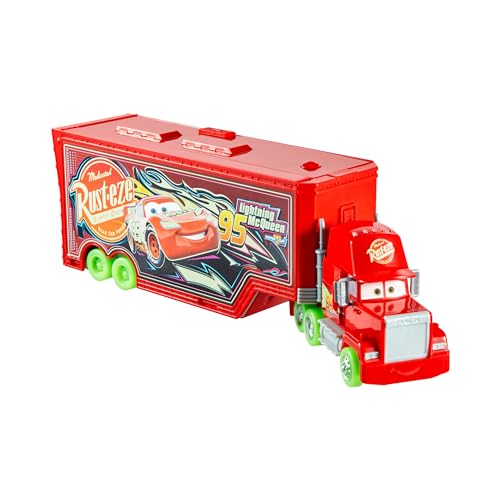 Mattel Disney und Pixar Cars“, leuchtende Rennautos, Tuning Mack Spielset, 2-in-1 im Dunkeln leuchtender Spielzeugtruck und Tuning-Station mit Starter, Lift und mehr, HPX76