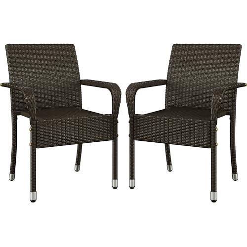 Yaheetech 2er Set Rattanstühle Stapelbar, Gartenstühle Stapelstuhl mit Armlehnen & Rückenlehne, Rattan Stuhl Balkonstuhl mit Verstellbaren Füße für Garten Balkon Terrasse, Braun