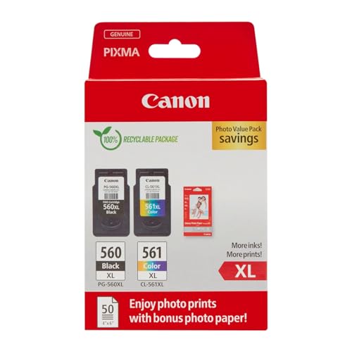 Canon Tinte & Papier Multipack - PG-560XL/CL-561XL Original Drucker Tintenpatronen 2er Pack (1 x Schwarz XL, 1 x Farbe XL druckerpatronen) & 4x6 Fotopapier (50 x Blatt)