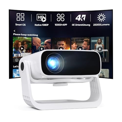 2025 Neuer Upgraded Smart Beamer Full HD 1080P, 25000 Lumens, Android 11，Integrierte Apps, 4D Trapezkorrektur，WiFi 6 & BT 5.2, Heimkino 4K Beamer mit 120° drehbarem Ständer für iOS/Android/Laptops