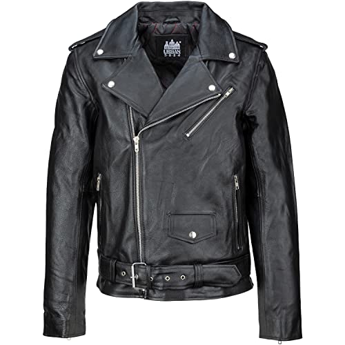 URBAN 5884 Herren Lederjacke Perfecto, Weiches und Strapazierfähiges echtes Rindsleder, Biker Style Herrenjacke, Schwarz, 3XL