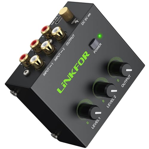 LiNKFOR 2-Kanal Aktiv Audio Mixer - 2 Eingänge, 1 Stereo Cinch Ausgang Mini-Stereomischer Vergoldeten Aktiver Mischer Mischpult für Verstärker, Boxen PC, TV, Konsole, CD