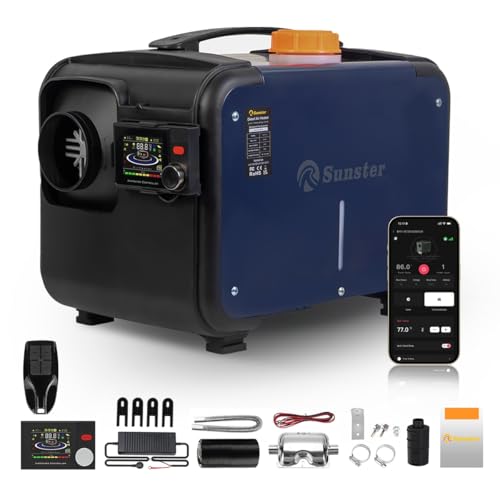 Sunster 8kW Luft Dieselheizung, 12V/24V /230V Diesel Standheizung 0,12–0,45 L/h mit Bluetooth APP & AC Power Adapter, Automatik-Start-Stopp, Tragbare Dieselheizung für LKW Transporter Wohnmobil,2025