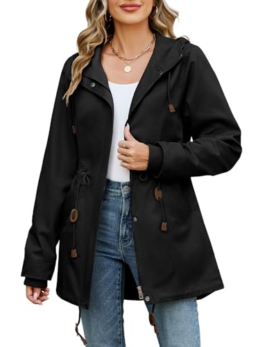 Vancavoo Übergangsjacke Damen Elegant Jacke Frühling Herbst Outdoor Übergang Mantel Frühjahrsjacke Leichte Winterjacke Baumwolle Coat mit Kapuze mit Kordelzug,Schwarz,XL