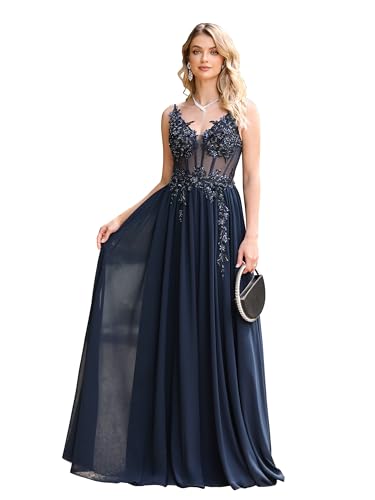 Misshow Luxuriöses langes Abendkleid für Zeremonien mit Pailletten, Perlen und floralen Spitzenapplikationen aus Mousseline-Seide, marineblau, 38