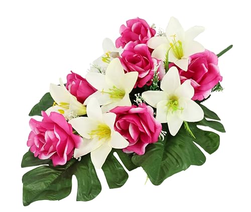 Grableger Grabschmuck mit künstlichen Rosen und Lilien Aufleger Kunstblume Grabdekoration Friedhofsgesteck Friedhofsdeko Trauerdeko Blüten Arrangement Blume Tischdeko Gesteck Seidenblumen Deko