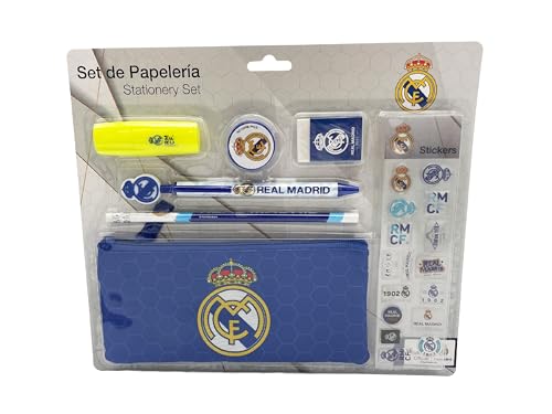 CYPBRANDS Real Madrid Schreibwaren-Set, Schreibwaren, Bleistift, Radiergummi, Anspitzer, Kugelschreiber, Textmarker, Aufkleber, Blau, offizielles Produkt