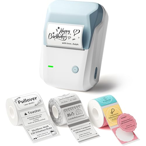 NIIMBOT B1 Etikettendrucker mit 3 Rollen Wasserfester Etiketten Selbstklebend, Tragbarer Beschriftungsgerät Bluetooth Label Printer Aufkleber Drucker für Schulbedarf, Preisschilder, Adresse, Blau