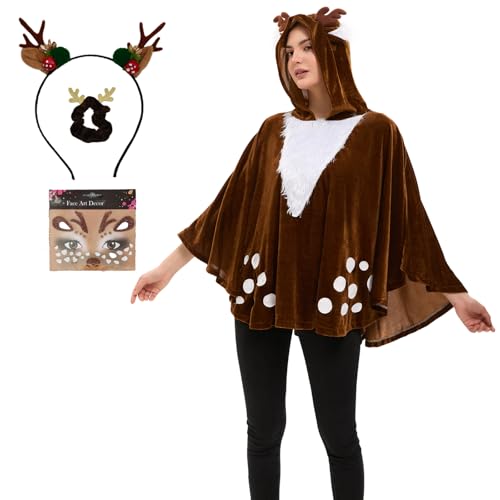 JadeLink Reh Kostüm Damen, Karneval Kostüm Reh mit Poncho, Haarreif, Gesichtstattoo und Haargummis, Faschingskostüm Rentier Tier Kostüm Erwachsene für Karneval, Weihnachten, Halloween