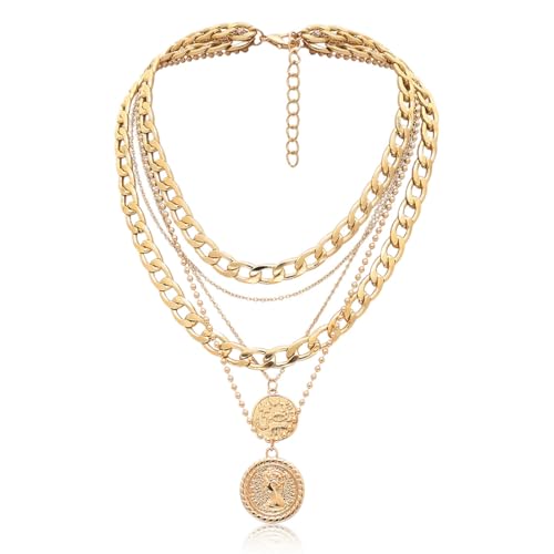 Metallene Porträt Münzen Halskette, Mehrschichtige Layer Halskette, Halskette Damen Gold, Damenhalskette, Dicke Kragenkette, Punk Chunky Kettenkette Übertrieben Geschichtete Kubanische Gliederkette