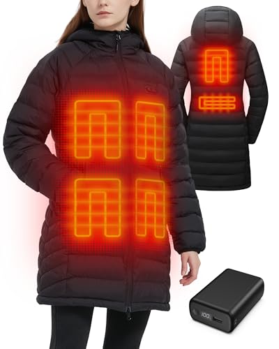 LIVONEST 12V Heizjacke Damen 20000mAh Beheizte Lang Winterjacke mit 6 Heizbereichen, Dual-Zonen-Steuerung vorne & hinten, inkl. Powerbank, EU-Mittel, Schwarz