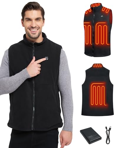 WUEAOA Beheizbare Weste，Heizweste Herren，Beheizbare Weste Herren，herren Beheizte Fleece, Wärmeweste mit Akku 10000mAh, Beheizte Weste,6 Vergrößerten Heizplatten, Outdoor-Arbeit,Wandern, Angeln, Winter