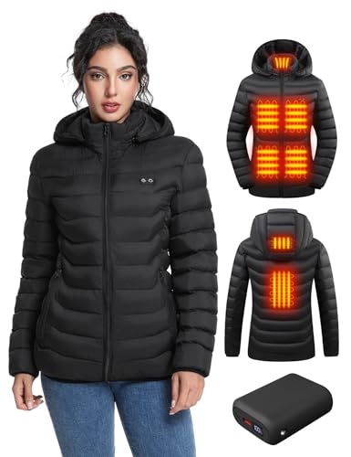 Varmcore Beheizbare Jacke Damen mit 12V 20000mAh Akku – beheizte jacke für Damen mit 6 Heizzonen, 3 Temperaturen, heizjacke für Wandern, Skifahren,Camping.