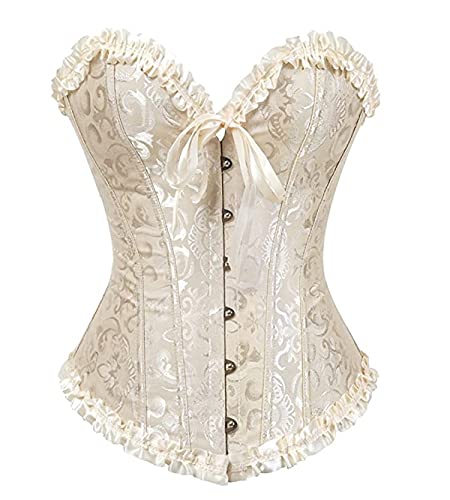 Sxybox Damen Korsett Bauchweg Vollbrust Corsage Top Gothic Burlesque Schnüren Bustier,Beige,M